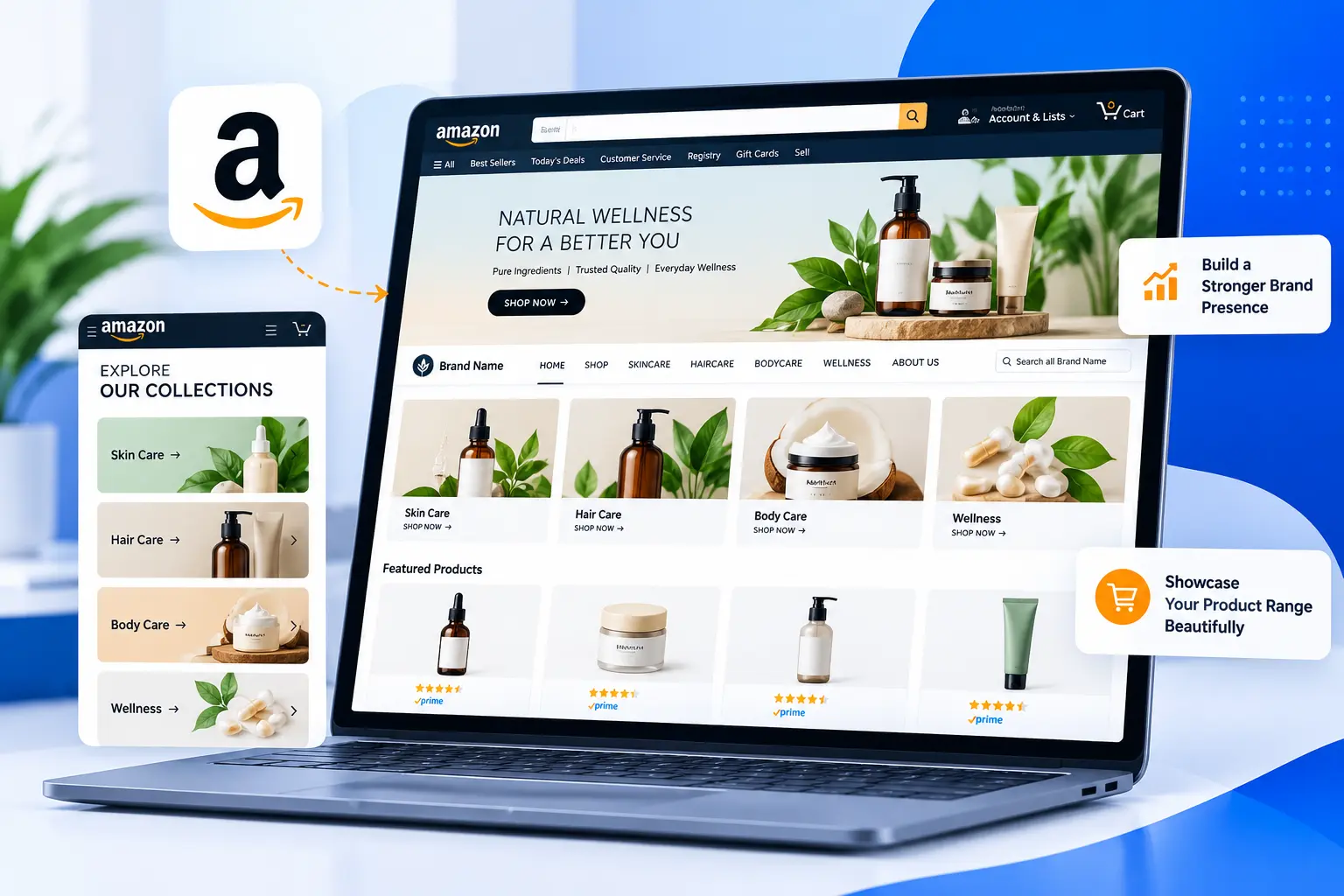 Amazon storefront design showcasing branded product collections and ecommerce visuals